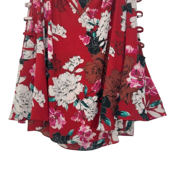 Jennifer Lopez Women SZ XL Red Floral Cold Shoulder Top Blouse V neck - Picture 14 of 14
